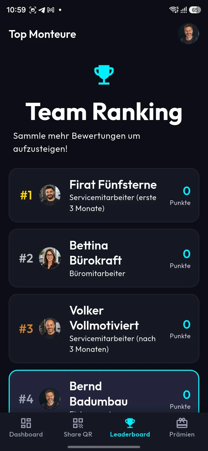SterneSammler App: Team-Ranking der Mitarbeiter