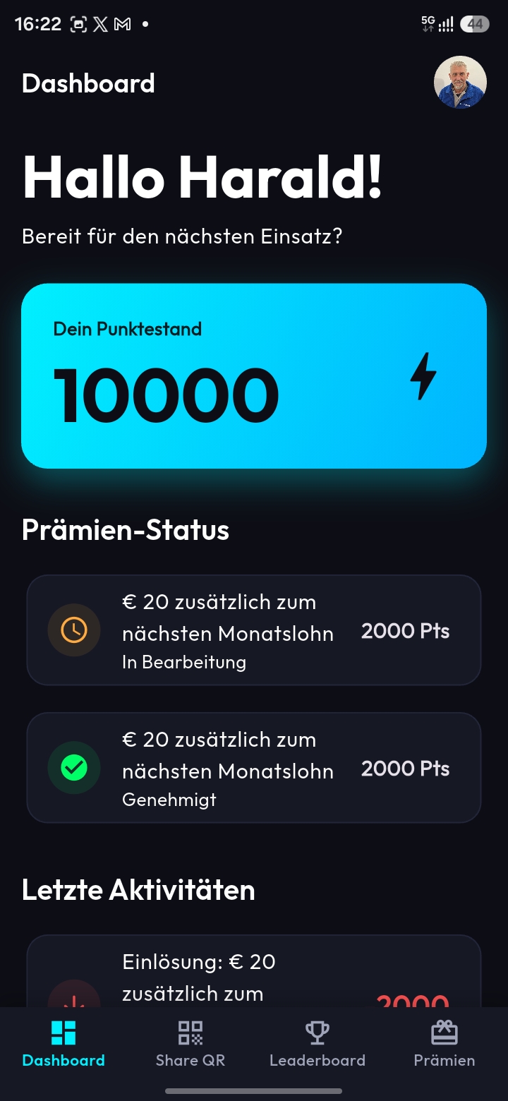 SterneSammler Mitarbeiter-App: Dashboard mit Punktestand und Aktivität