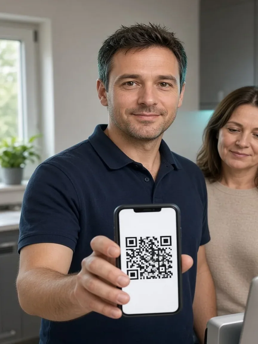 Monteur zeigt einer Kundin nach dem Einsatz den persönlichen SterneSammler QR-Code auf dem Smartphone, damit sie eine Bewertung abgeben kann